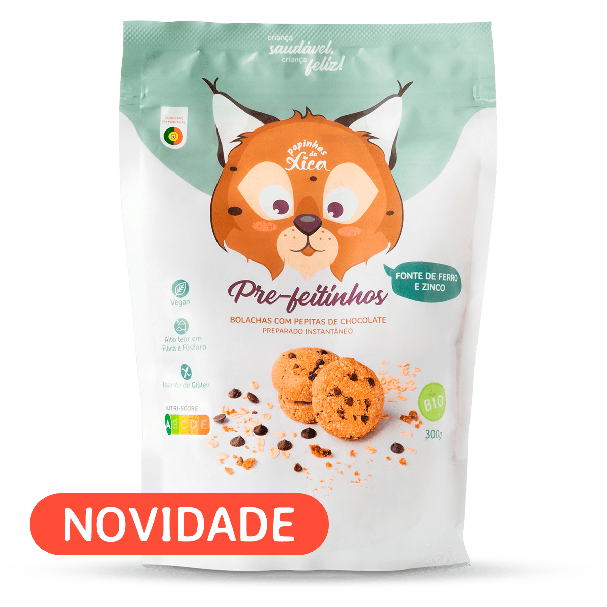 Embalagem branca do preparado para bolachas "Pre-feitinhos" da Papinhas da Xica, com desenho de raposa e bolachas com pepitas de chocolate.