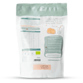 Verso da embalagem do preparado para bolachas, mostrando a tabela nutricional, lista de ingredientes biológicos e instruções de preparação.
