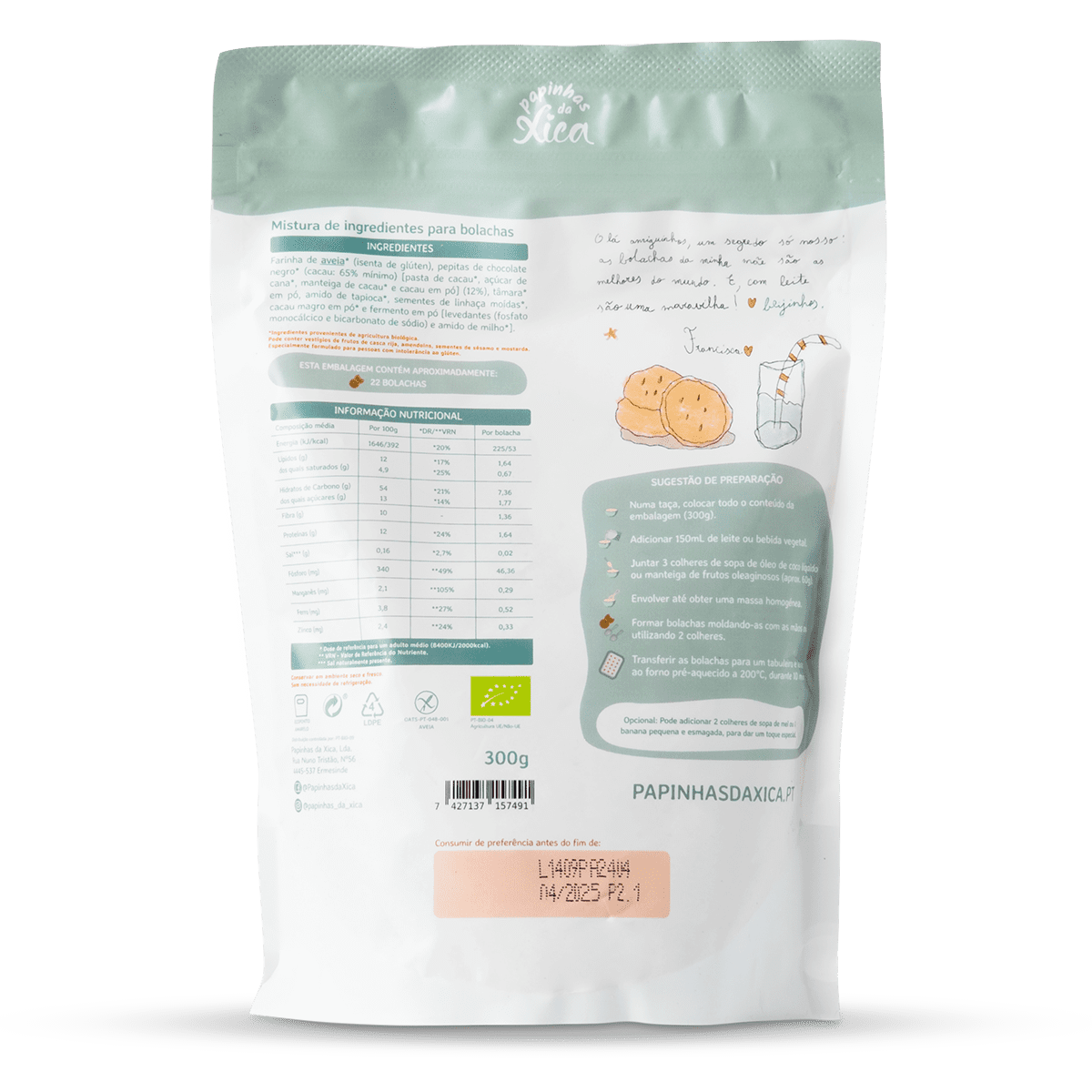 Verso da embalagem do preparado para bolachas, mostrando a tabela nutricional, lista de ingredientes biológicos e instruções de preparação.