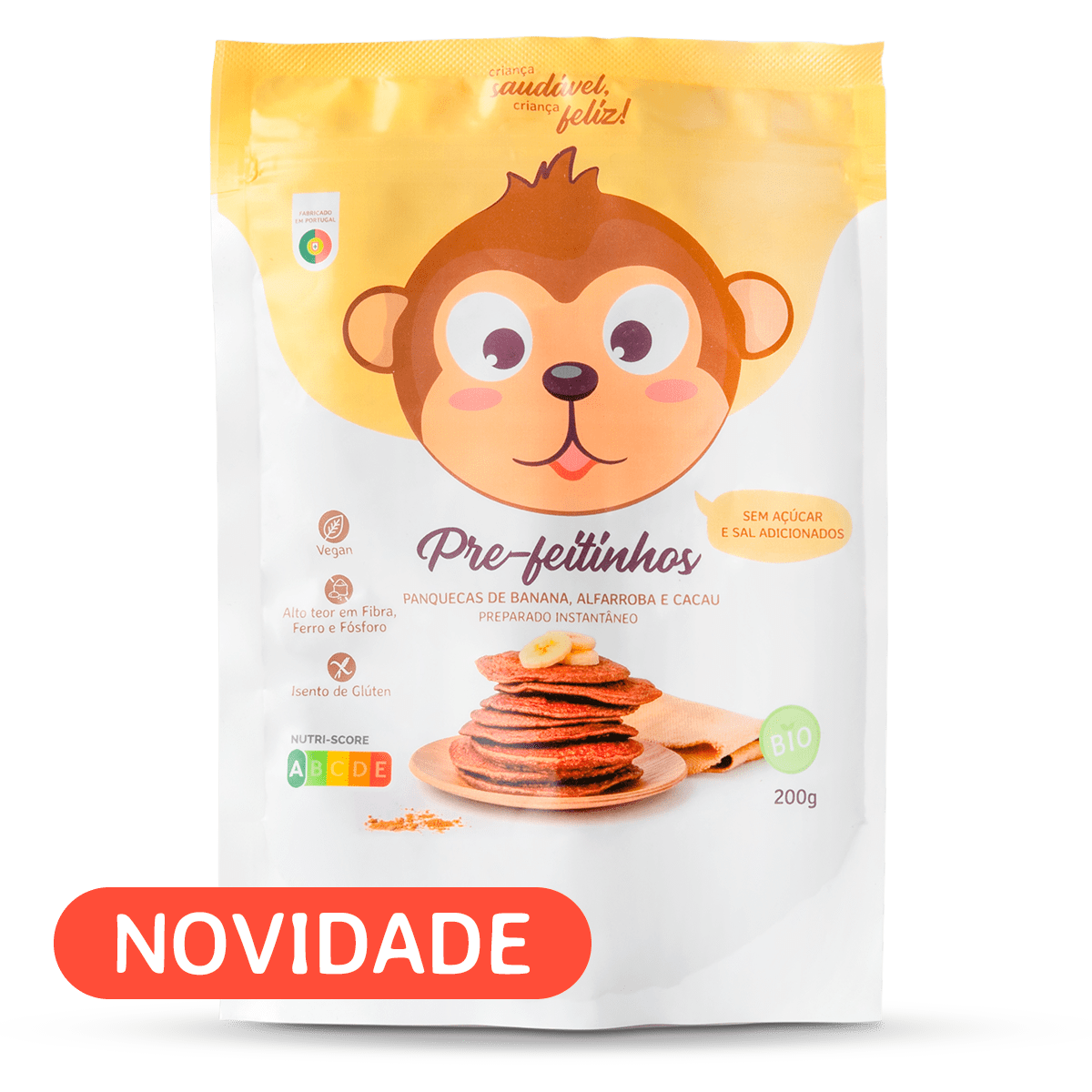 Embalagem amarela e branca do preparado para panquecas "Pre-feitinhos" da Papinhas da Xica com desenho de macaco e panquecas. Destaque "NOVIDADE".