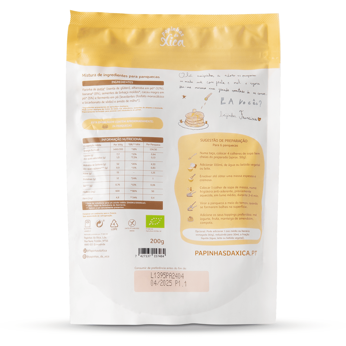 Verso da embalagem com informação nutricional, lista de ingredientes (aveia, alfarroba, banana, cacau) e instruções de preparação das panquecas.
