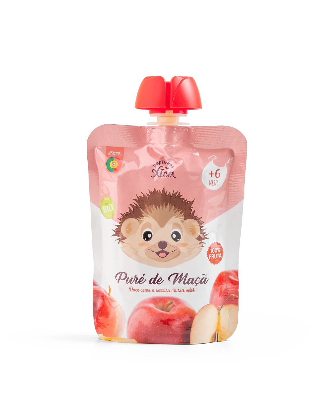 Embalagem frontal do Puré de Maçã Biológico Papinhas da Xica, com design do ouriço e rótulos.
