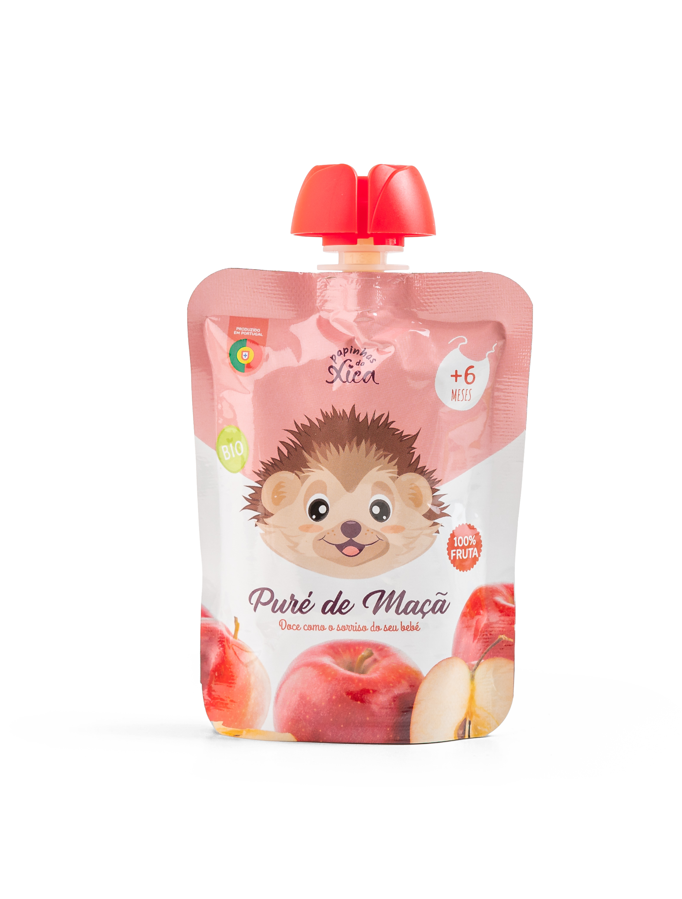Embalagem frontal do Puré de Maçã Biológico Papinhas da Xica, com design do ouriço e rótulos.