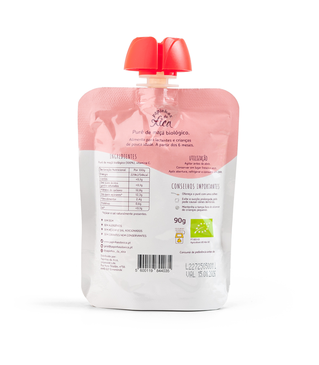 Verso da saqueta Papinhas da Xica Puré de Maçã: ingredientes, tabela nutricional e certificação biológica.