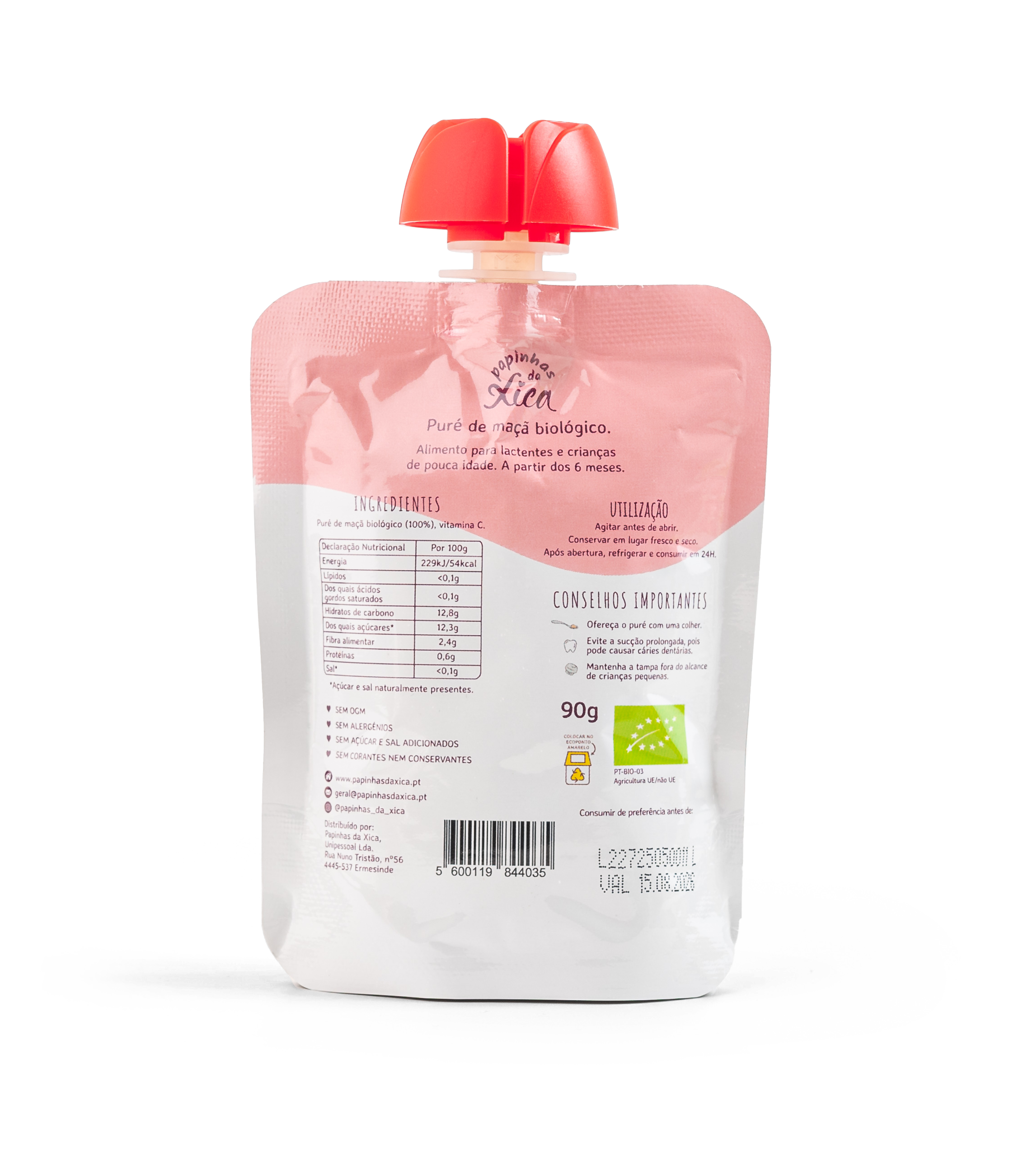 Verso da saqueta Papinhas da Xica Puré de Maçã: ingredientes, tabela nutricional e certificação biológica.