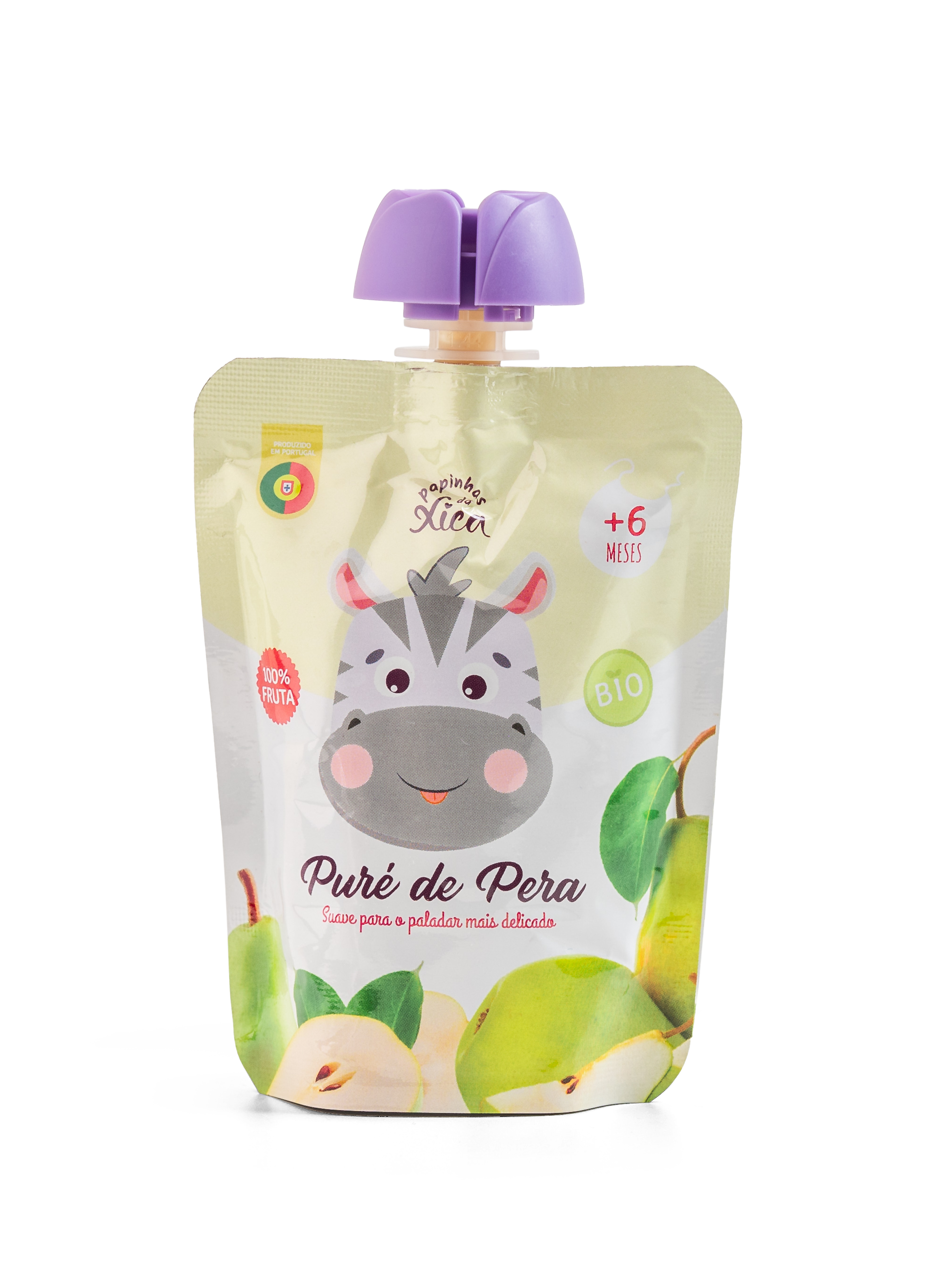 Saqueta de Papinhas da Xica Puré de Pera biológico, com tampa roxa em forma de flor, fundo branco isolado.
