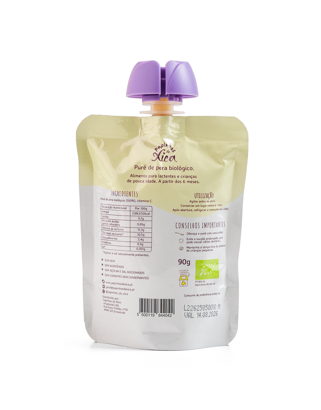 Verso da saqueta de Papinhas da Xica Puré de Pera, mostrando tabela nutricional, ingredientes e instruções de uso.