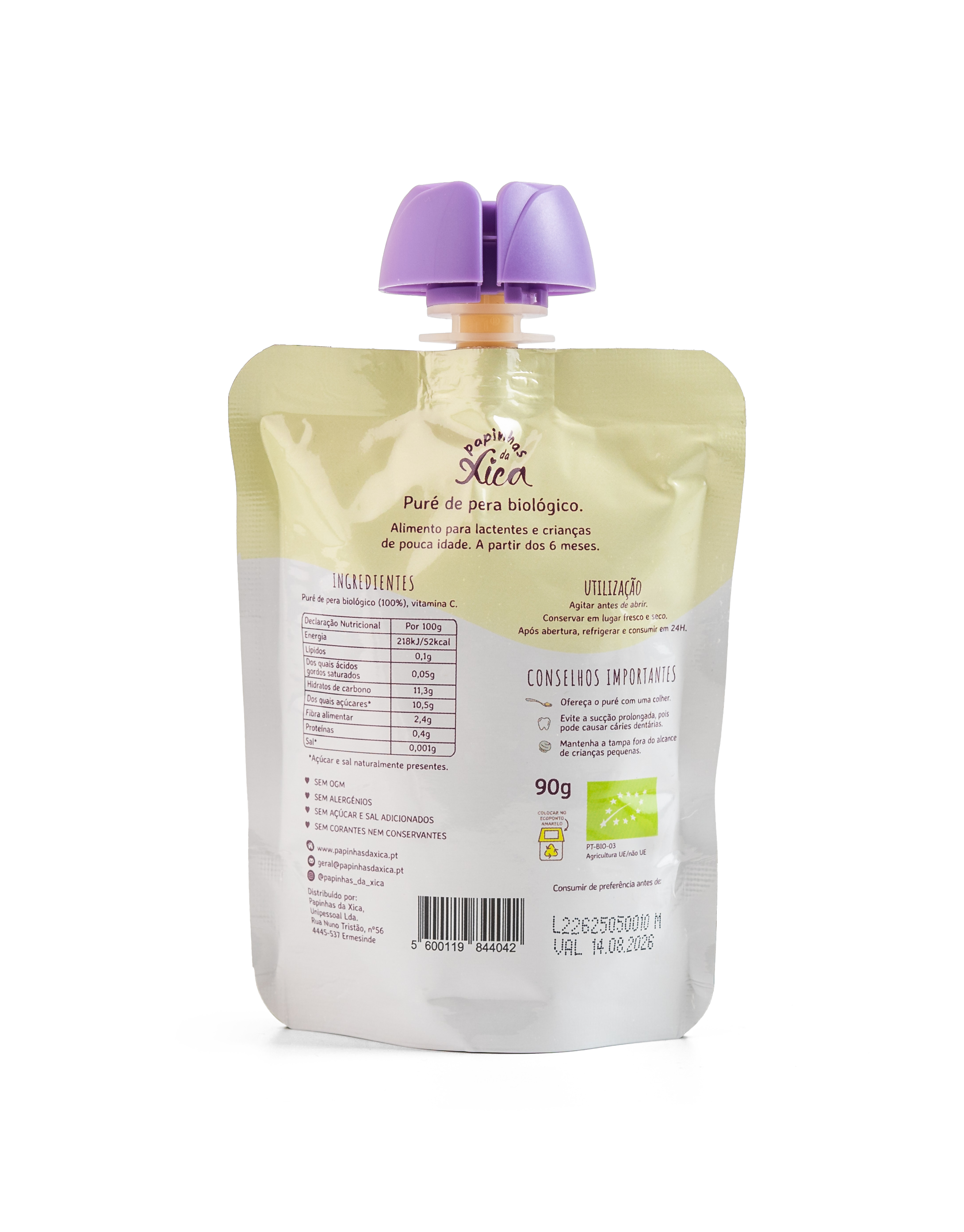 Verso da saqueta de Papinhas da Xica Puré de Pera, mostrando tabela nutricional, ingredientes e instruções de uso.