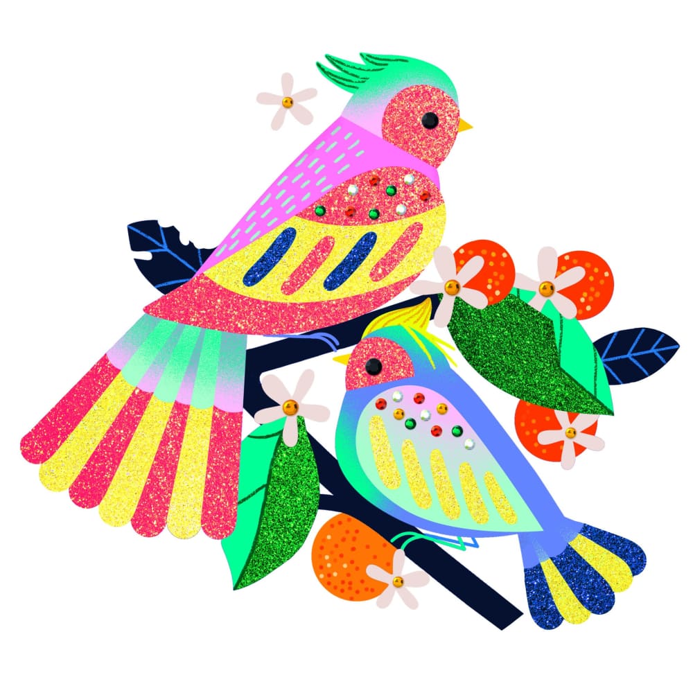 Ilustração detalhada de dois pássaros coloridos e brilhantes com glitter e strass, parte do kit Djeco Paraíso.