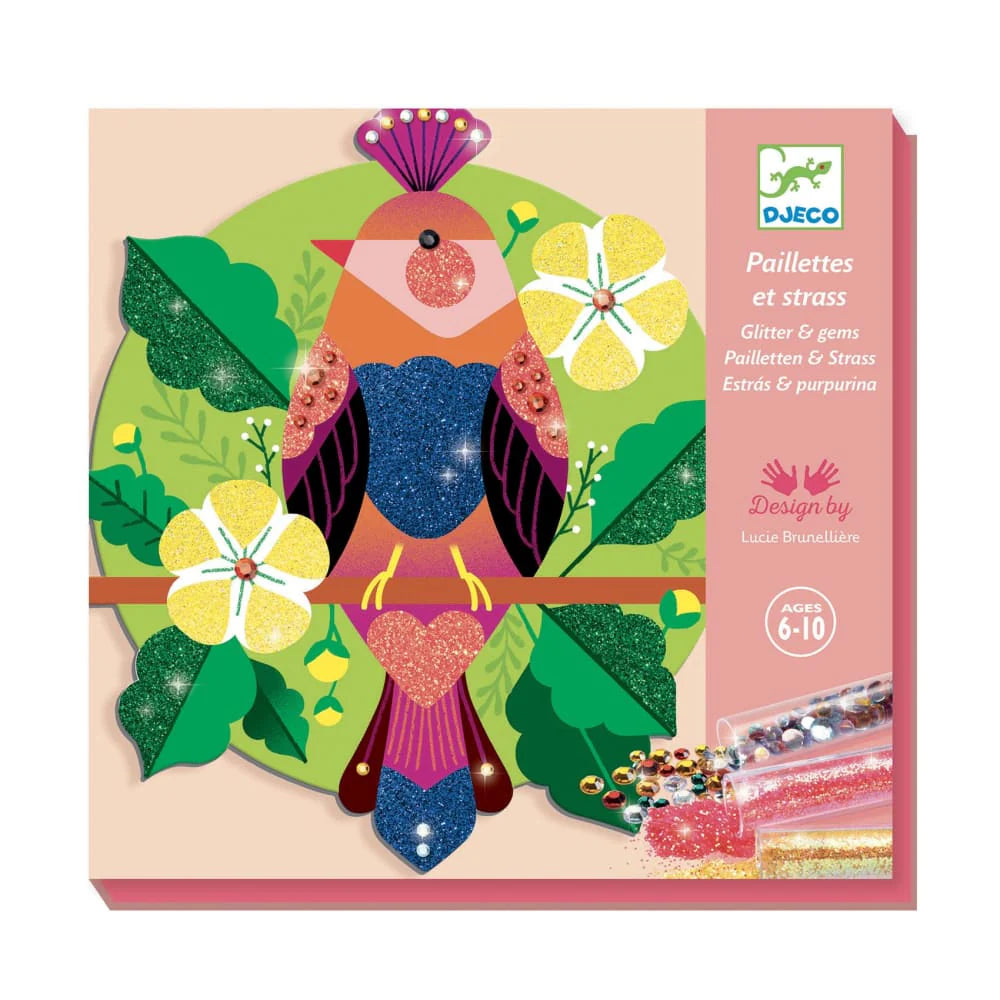Caixa da Djeco "Paraíso" com kit de atividades de glitter e strass, mostrando um pássaro brilhante e indicações de idade 6-10.