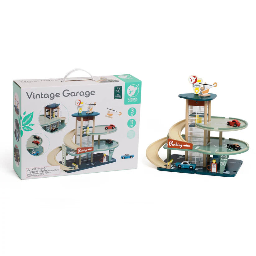 Caixa do Classic World Vintage Garage (Parking Vintage) ao lado do brinquedo montado, mostrando o número de peças (11) e a idade recomendada (3+ anos).