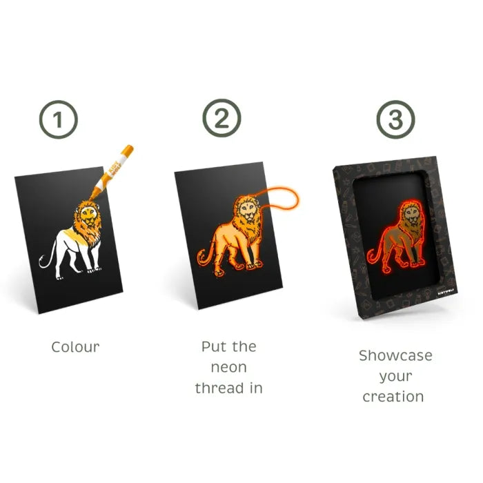 Infográfico em três passos mostrando como colorir, colocar o fio neon e exibir a criação Kidyneon.