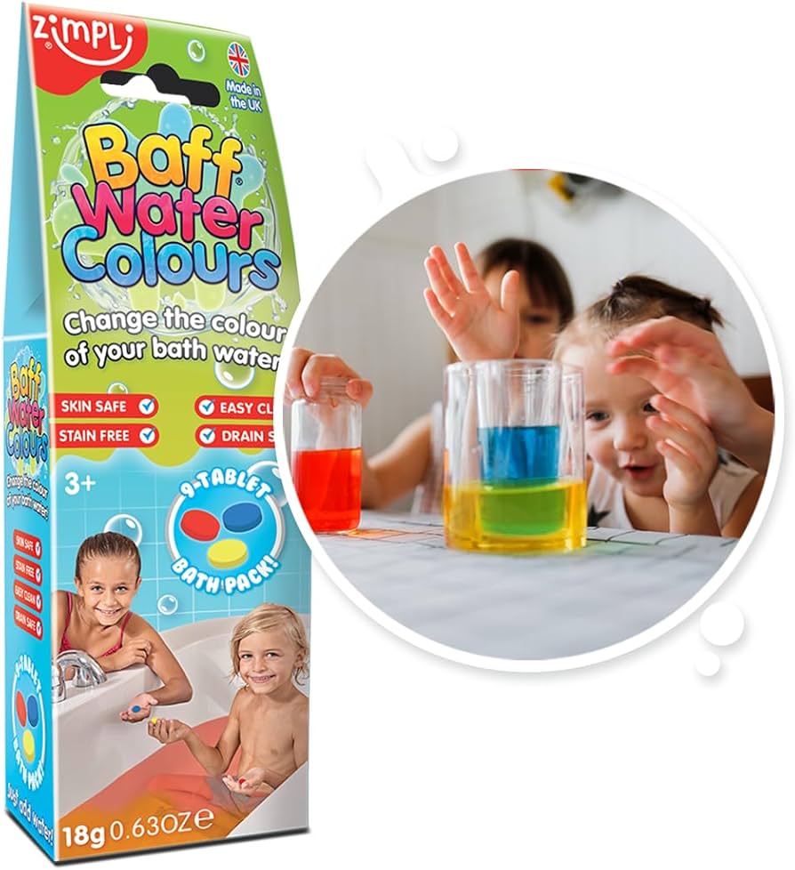 Embalagem de pastilhas colorantes para banho Baff Water Colours da Zimpli Kids, com imagem de crianças a brincar no banho e um copo com água colorida.