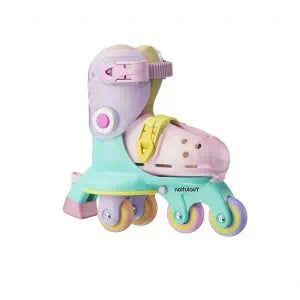 Patim infantil Yvolution Twista em tons pastéis de lilás, verde água e rosa, configurado com rodas paralelas para iniciantes.