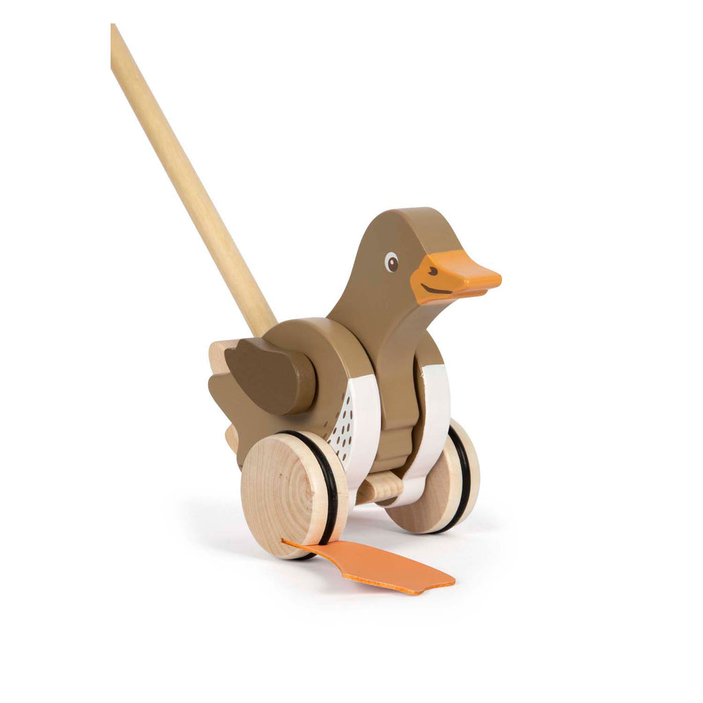 Pato de empurrar em madeira da marca Small Foot com rodas e pega longa.