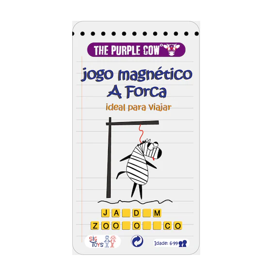 Capa do Jogo Magnético A Forca da Purple Cow, mostrando a caixa de formato alongado com uma zebra pendurada e letras magnéticas por baixo.