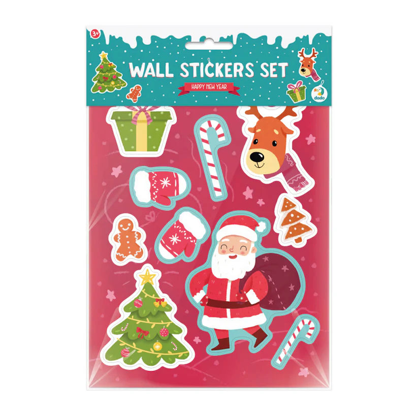 Conjunto de autocolantes electroestáticos Dodo da Djeco com motivos de Natal, incluindo Pai Natal, árvores, renas e bonecos de gengibre, na sua embalagem.