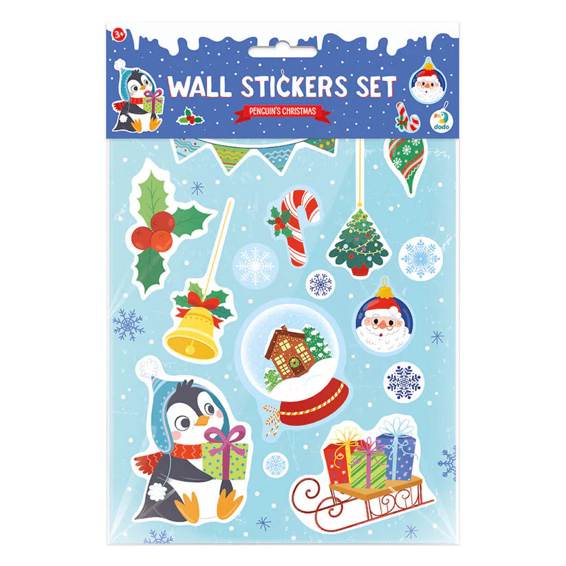 Conjunto de autocolantes eletroestáticos Dodo "Natal do Pinguim" para janelas, com ilustrações de Pai Natal, pinguim, trenó, e flocos de neve.