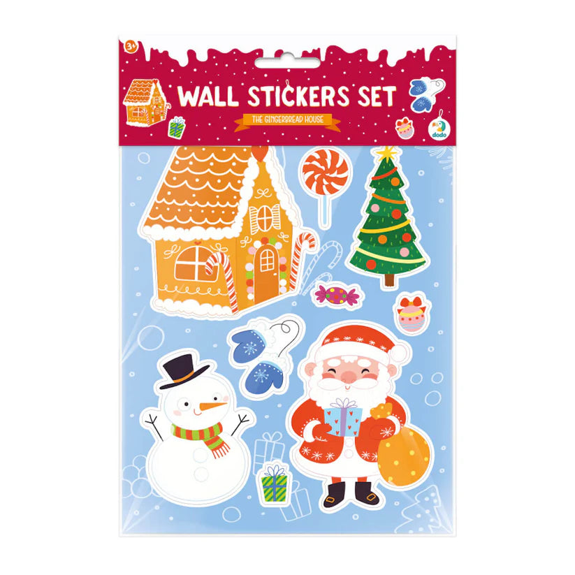 Conjunto de Dodo Autocolantes electroestáticos Natal com Pai Natal, boneco de neve, casa de gengibre e árvore de Natal, numa embalagem transparente.