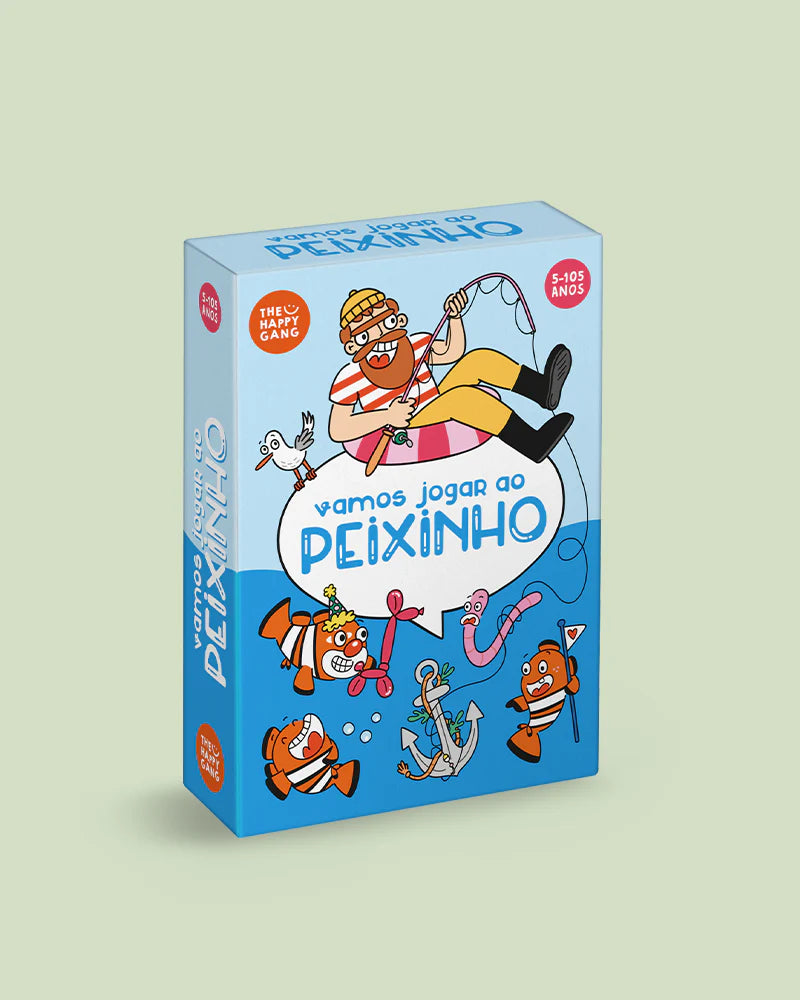 Caixa do jogo de cartas "Vamos Jogar ao Peixinho" da The Happy Gang, com uma ilustração colorida de um pescador barbudo e peixes divertidos.
