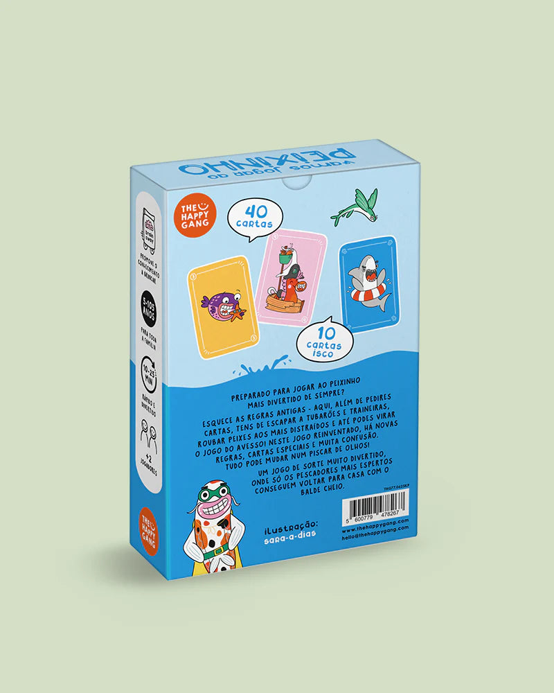 Verso da caixa do jogo "Vamos Jogar ao Peixinho", mostrando um resumo das regras, o conteúdo (40 cartas + 10 cartas isco) e ilustrações de cartas.