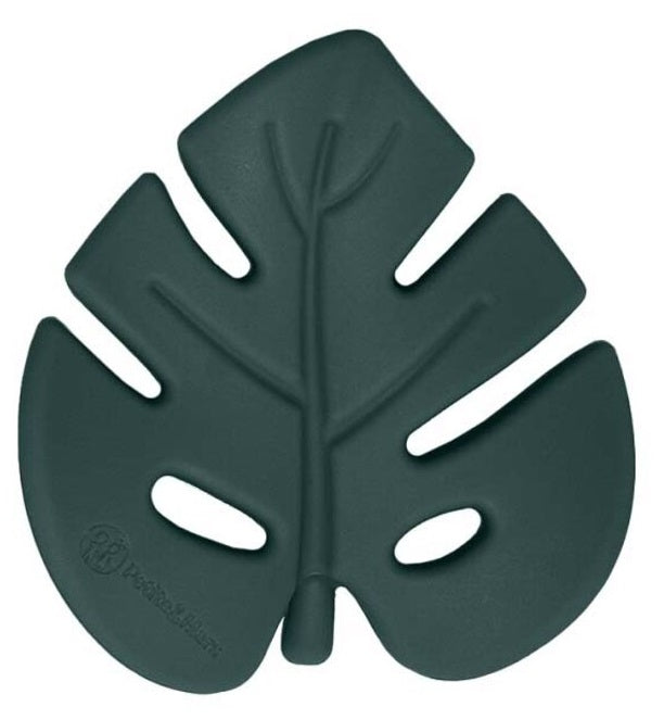 Mordedor de silicone verde escuro (floresta) em forma de folha (Monstera), mostrando a textura e o design ergonómico, isolado em fundo branco.