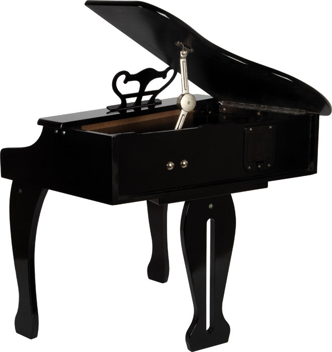 Vista traseira do piano small foot, mostrando o compartimento das pilhas e o mecanismo de abertura da tampa.