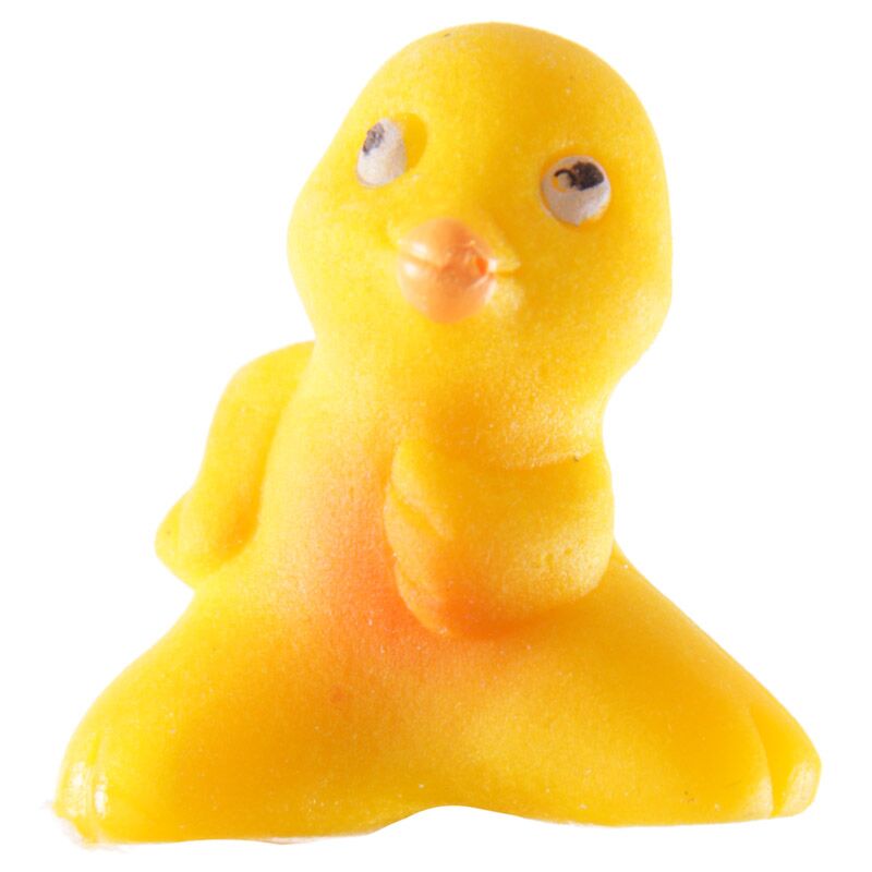 Outro ângulo do pintainho amarelo em esponja macia, mostrando uma pose diferente e detalhes adicionais.