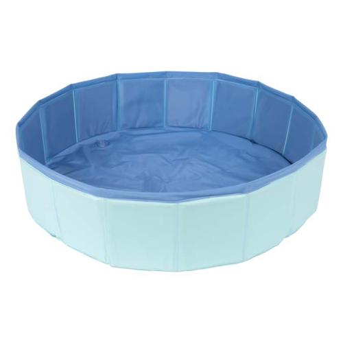 Piscina dobrável azul claro e azul escuro, vista de cima, mostrando a sua estrutura e base antiderrapante.