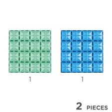 Ilustração das duas placas magnéticas separadas, uma verde e uma azul, indicando a contagem de 2 peças.