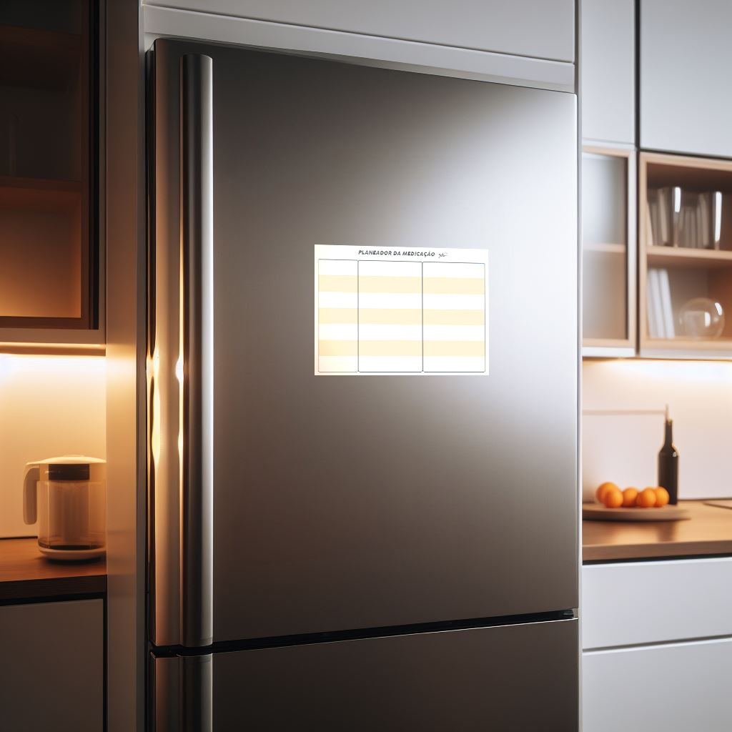Planeador de Medicação Gotu magnético aplicado num frigorífico moderno de aço inoxidável numa cozinha iluminada.