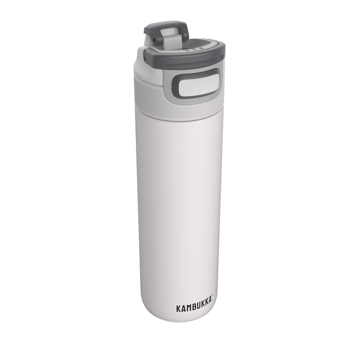 Garrafa térmica Kambukka ELTON Chalk White 600ml vista em perspetiva, mostrando o design elegante e a tampa cinzenta.