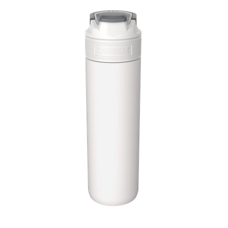 Garrafa térmica Kambukka ELTON Chalk White 600ml em vista ligeiramente inclinada, realçando a textura da tampa e a forma cilíndrica.