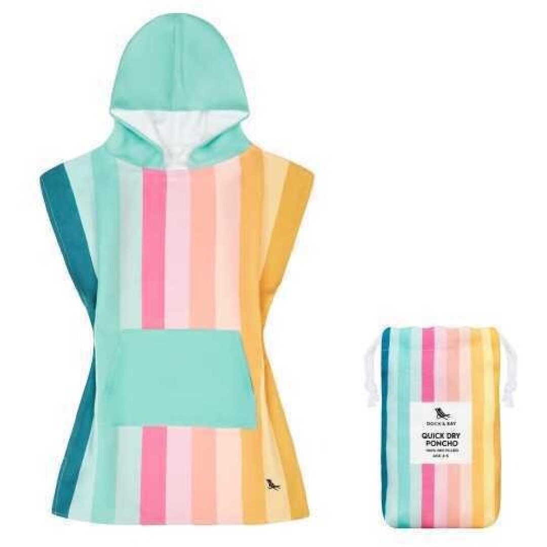 O poncho toalha Dock and Bay azul-marinho com pormenor das bolsas de malha na parte inferior, permitindo que a areia caia facilmente.