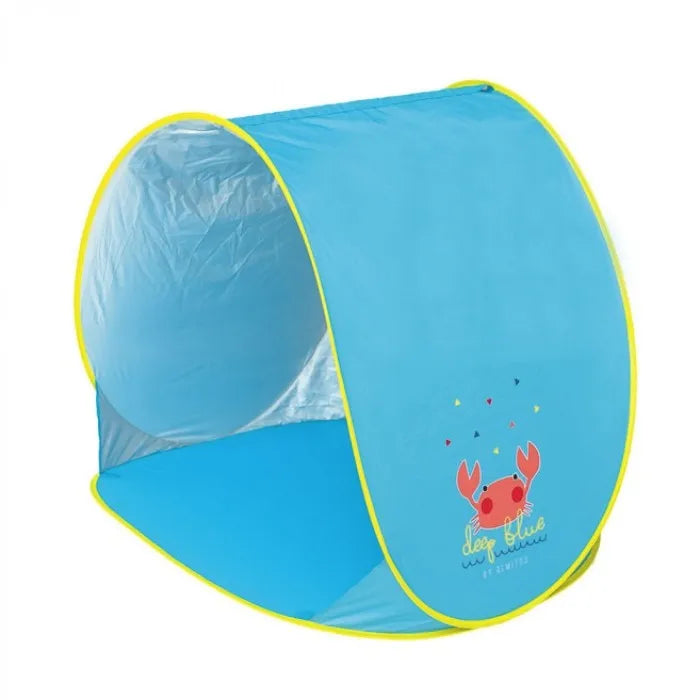 Tenda Pop Up Caranguejo Olmitos azul com rebordo amarelo e ilustração de caranguejo, vista frontal.