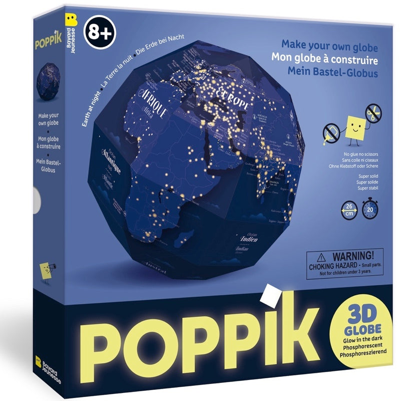 Caixa do Poppik Globo Mundo 3D para construir, mostrando o globo escuro a brilhar com pontos de luz e a indicação 8+.