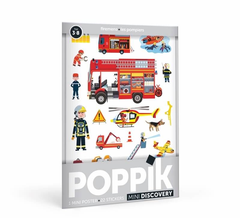 Embalagem do poster Poppik Mini DISCOVERY Bombeiros com autocolantes reposicionáveis, mostrando um camião de bombeiros e vários elementos temáticos.