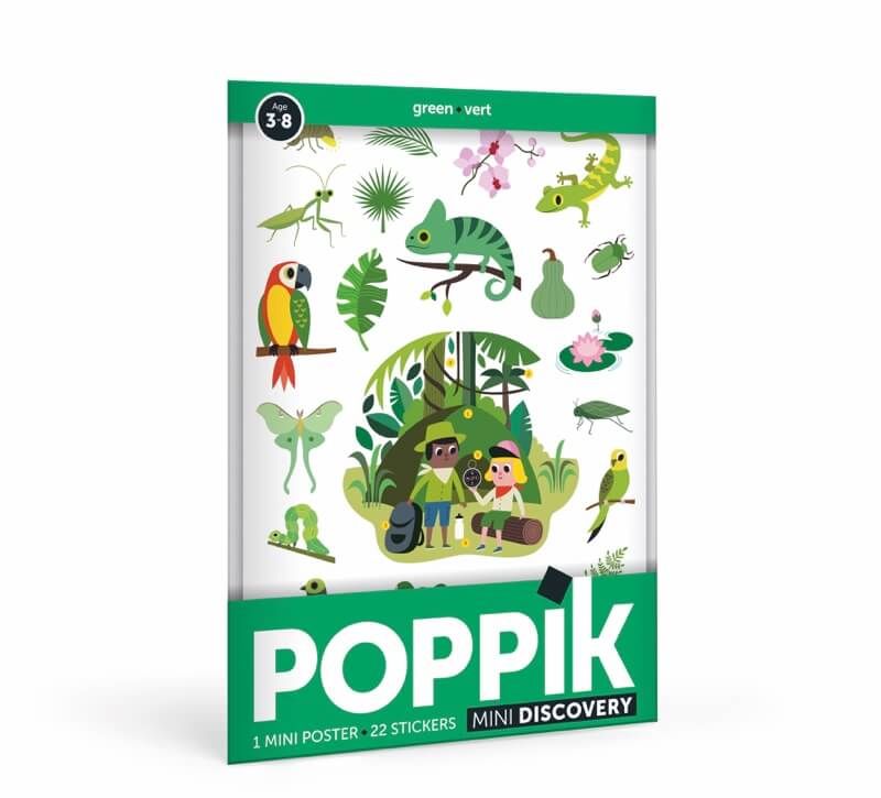 Embalagem do poster Poppik Mini DISCOVERY Jungle, com ilustrações de fauna e flora e indicação de idade 3-8 anos.