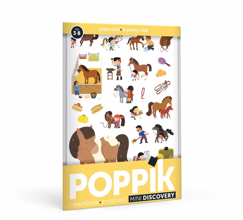 Embalagem do Poppik Mini DISCOVERY - poster com autocolantes Pony Club, mostrando ilustrações de cavalos, póneis e acessórios educativos.