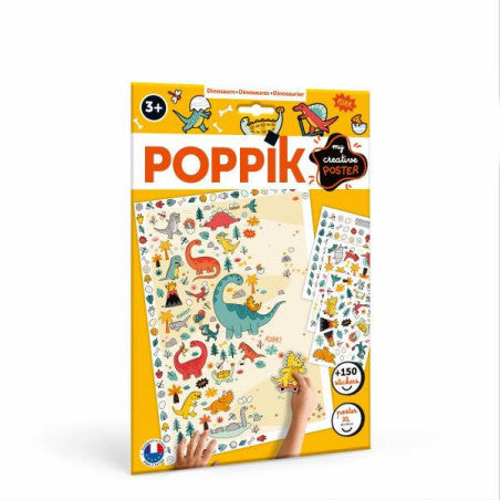 Embalagem do Poppik Poster com autocolantes Dinossauros, mostrando o poster e mais de 150 autocolantes reutilizáveis para crianças a partir dos 3 anos.