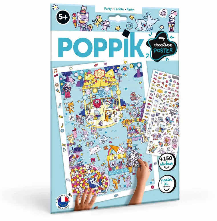 Embalagem do Poppik Poster com Autocolantes Party, mostrando o poster gigante e mais de 150 autocolantes kawaii com tema de festa. Idade recomendada 5+.