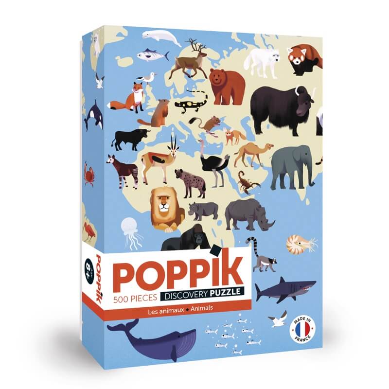 Caixa do puzzle Poppik de 500 peças "Discovery Puzzle - Animals" com ilustrações de animais em mapa-mundo. Fabricado em França.