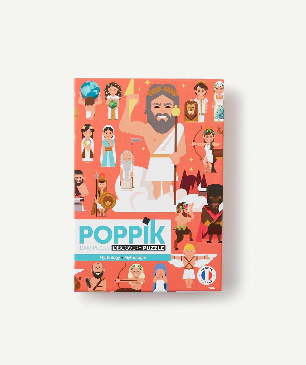 Caixa do Puzzle Poppik Mythology de 1000 peças com ilustração colorida de figuras mitológicas em fundo coral.