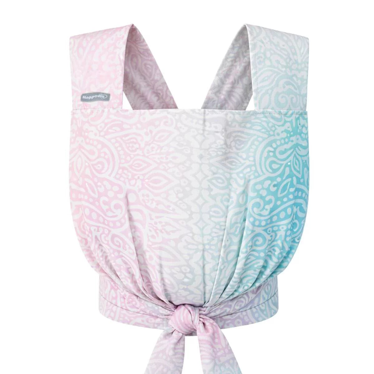 Porta-bebé de bonecas Mei Tai Hoppediz Jaipur Cream com padrão gradiente em tons pastel rosa e azul.