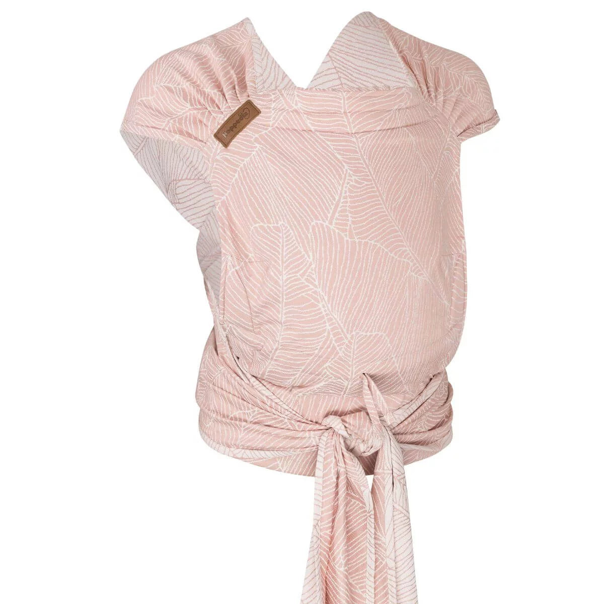 Porta bebés half-buckle Hoppediz Hop-Tye Advanced em tecido rosa claro com padrão de folhas brancas, ajustado para demonstrar a amarração frontal.