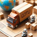 Miniautra de um camião de entregas da Gotu com a palavra GOTU na caixa, rodeado por pequenas encomendas, um globo e motas, simbolizando custos de portes e logística.