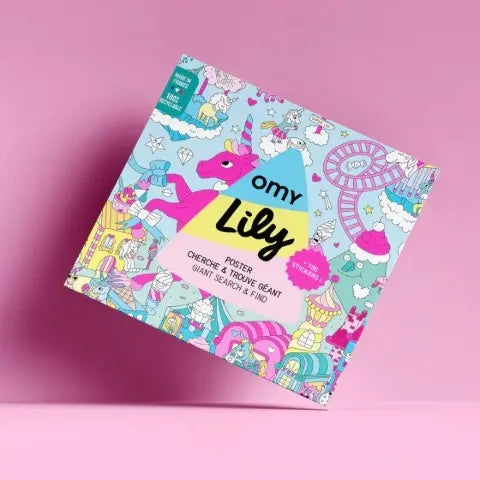 Embalagem quadrada do poster gigante de colorir OMY Lily, com design colorido e a personagem unicórnio em destaque.