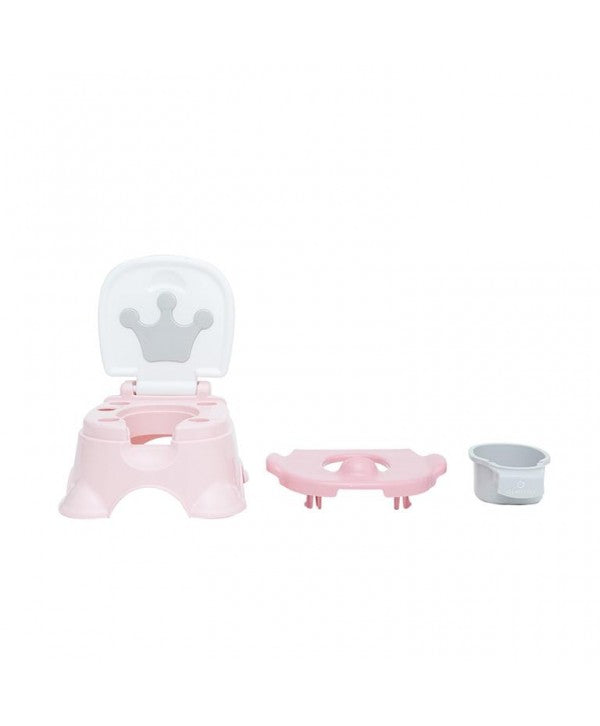Componentes separados do Olmitos Pote Coroa rosa: a base, o assento redutor e o recipiente removível.