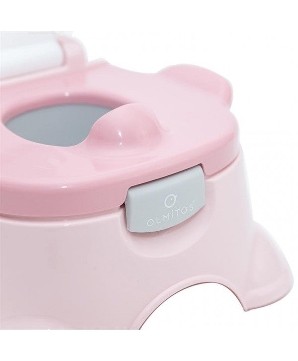 Detalhe do Olmitos Pote Coroa rosa, focando no botão de fecho lateral com a marca Olmitos.