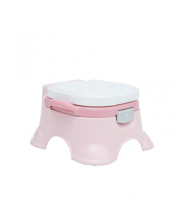 Olmitos Pote Coroa rosa visto de frente com a tampa fechada, mostrando o assento branco.